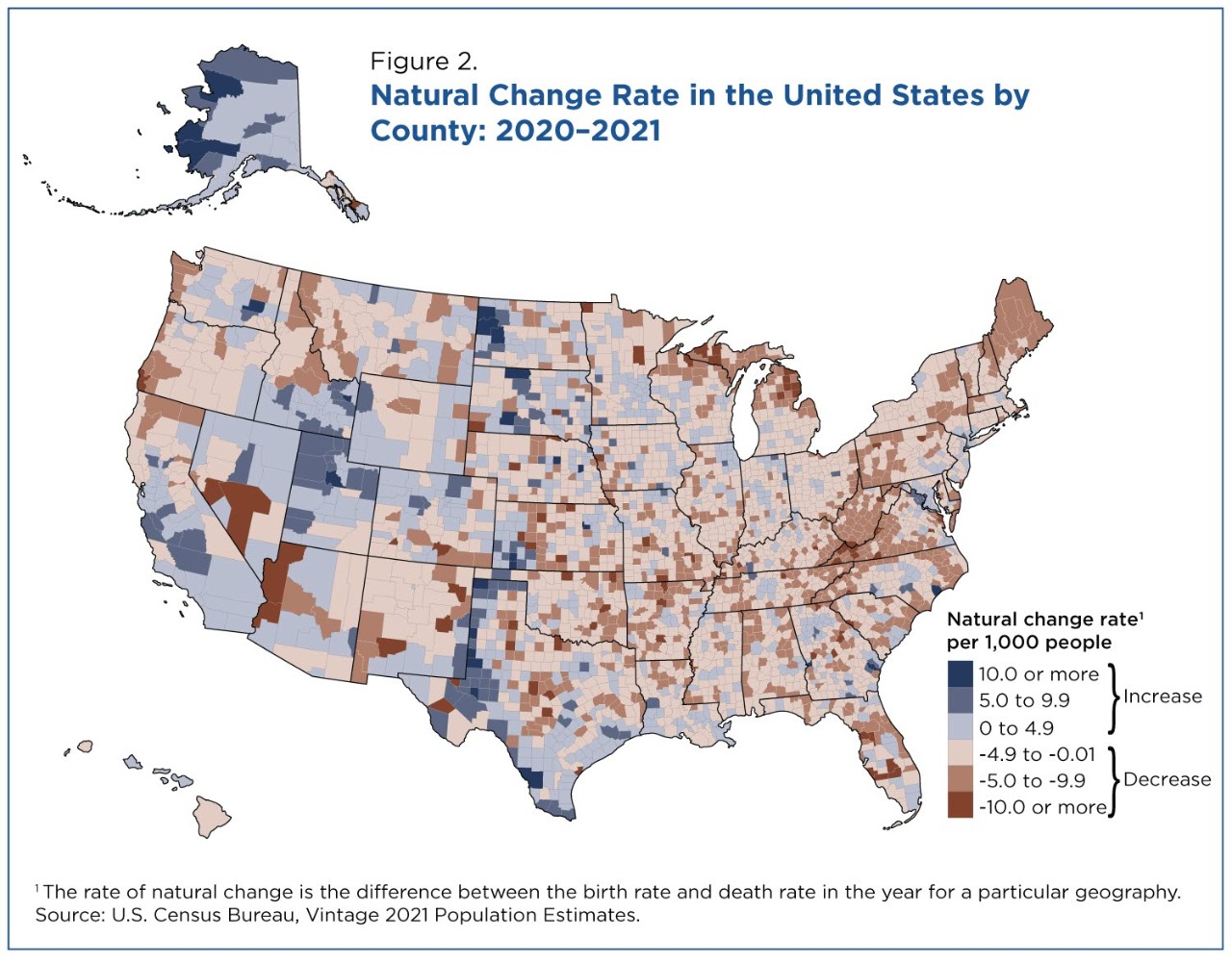 Natural change rate in the United States by county: 2020-2021