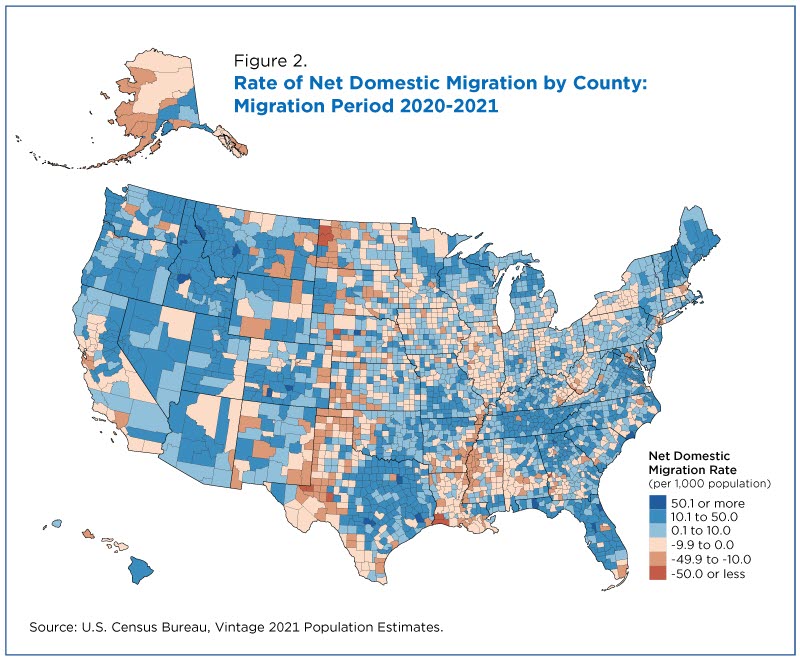 Rate of net domestic migration by county: migration period 2020-2021