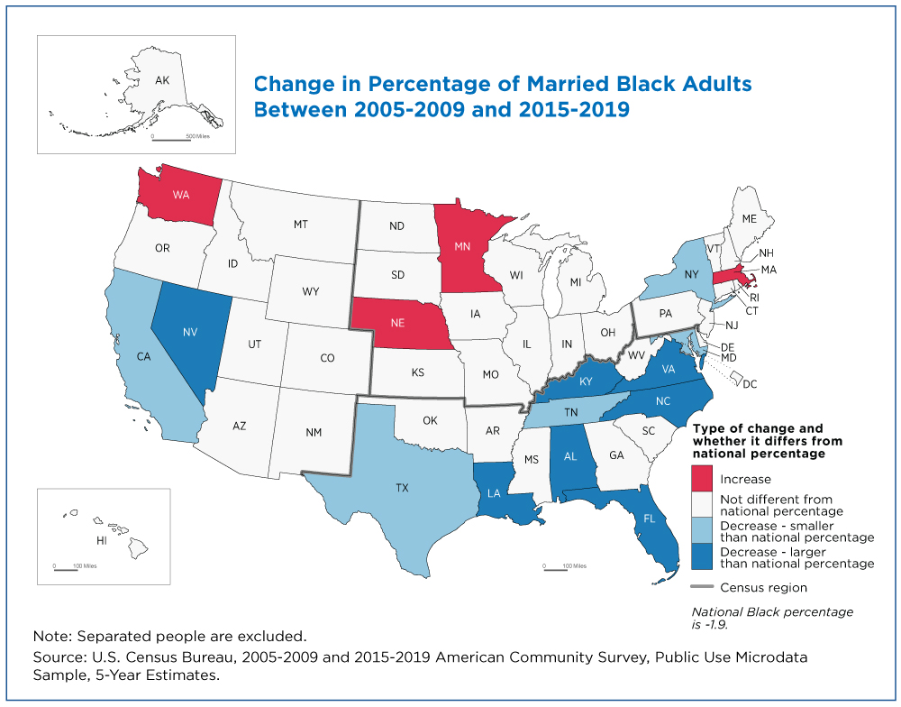 Change in Percentage of Married Black Adults Between 2005-2009 and 2015-2019 - Map 3