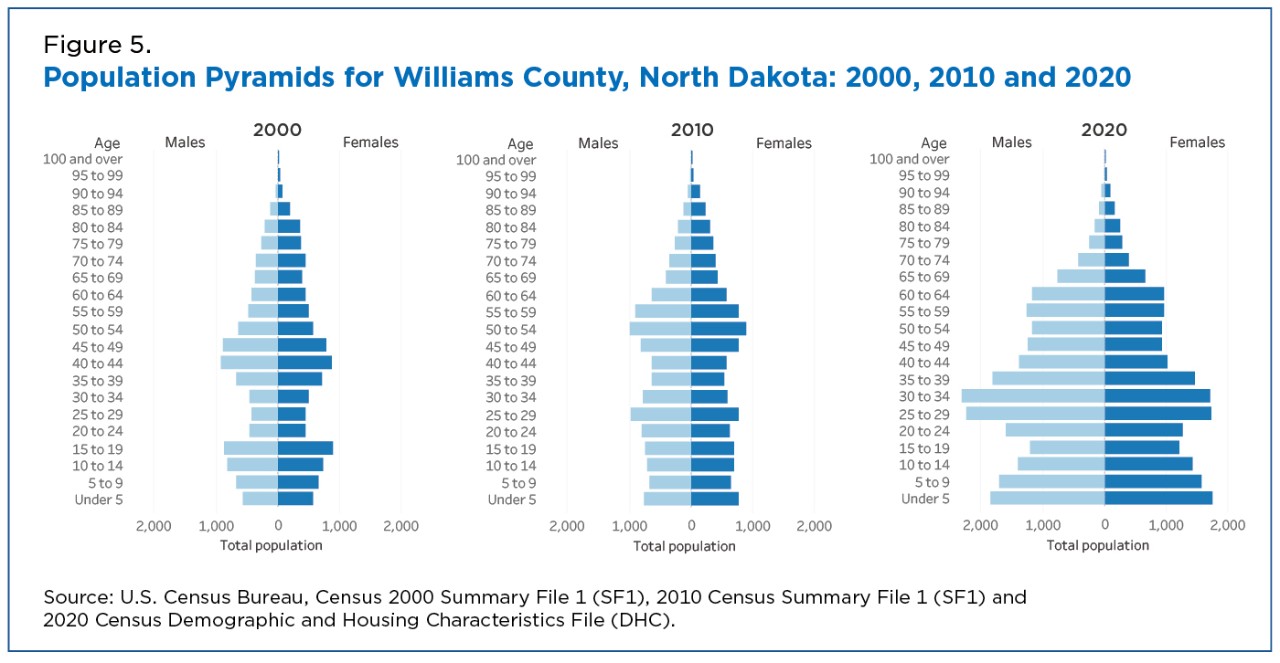 Figure 5. Population Pyramids for Williams County, North Dakota: 2000, 2010 and 2020