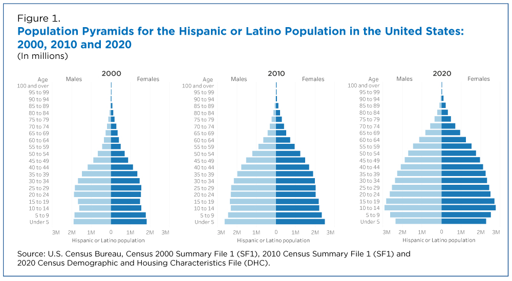 Figure 1. Population Pyramids for the Hispanic or Latino Population in the United States: 2000, 2010 and 2020