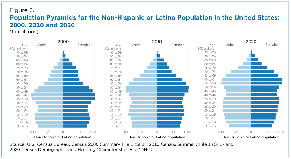 Figure 2. Population Pyramids for the Non-Hispanic or Latino Population in the United States: 2000, 2010 and 2020