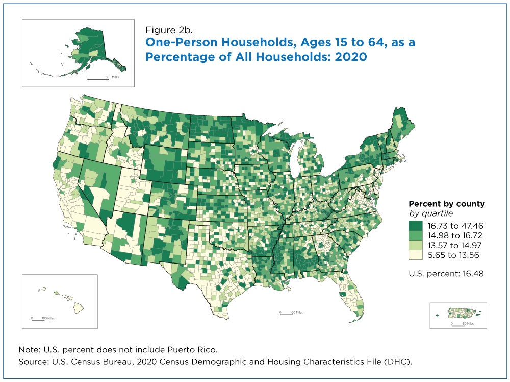 Figure 2b. One-Person Households, Ages 15 to 64, as a Percentage of All Households: 2020