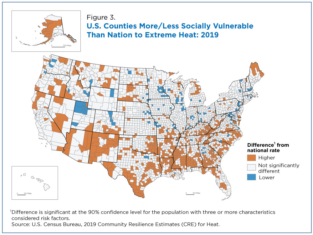 Figure 3. U.S. Counties More/Less Socially Vulnerable Than Nation to Extreme Heat: 2019