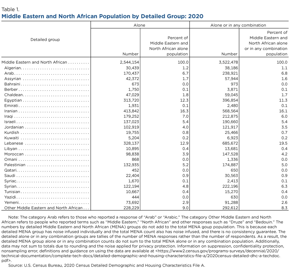 Table 1. Middle Eastern and North African Population by Detailed Group: 2020