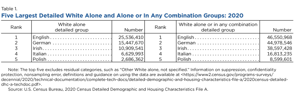 Table 1. Five Largest Detailed White Alone and Alone or In Any Combination Groups: 2020