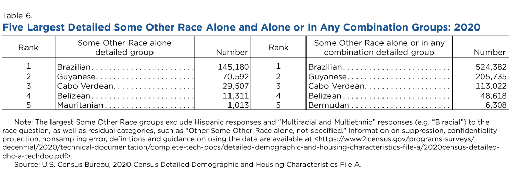 Table 6. Five Largest Detailed Some Other Race Alone and Alone or In Any Combination Groups: 2020