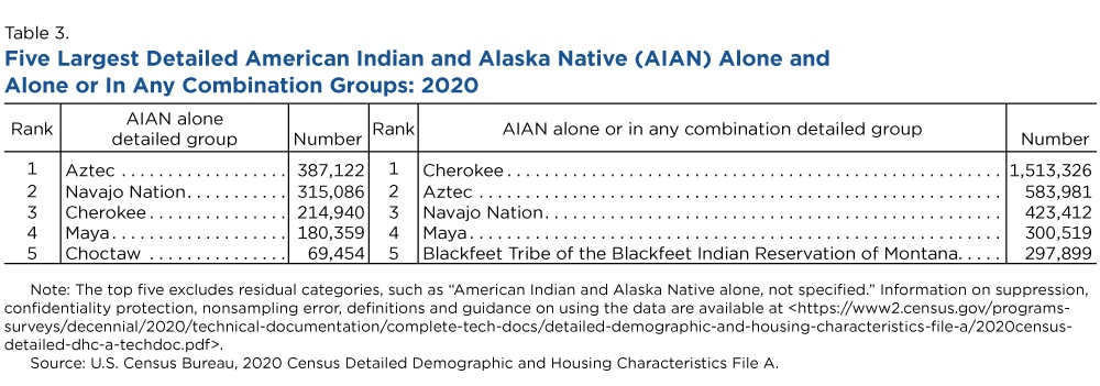 Table 3. Five Largest Detailed American Indian and Alaska Native (AIAN) Alone and Alone or In Any Combination Groups: 2020