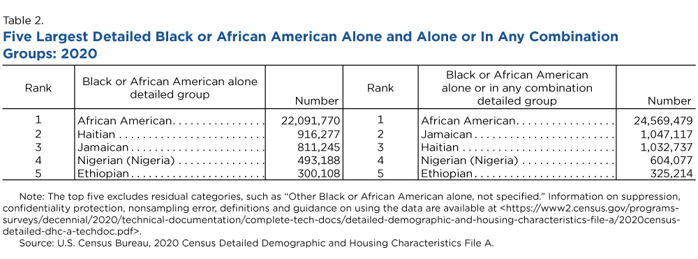 Table 2. Five Largest Detailed Black or African American Alone and Alone or In Any Combination Groups: 2020