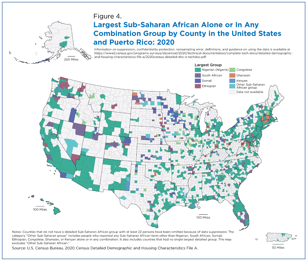 Figure 4. Largest Sub-Saharan African Alone or In Any Combination Group by County in the United States and Puerto Rico: 2020