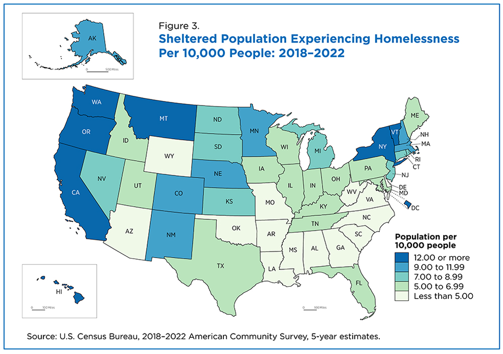 Sheltered Population Experiencing Homelessness Per 10,000 People: 2018-2022