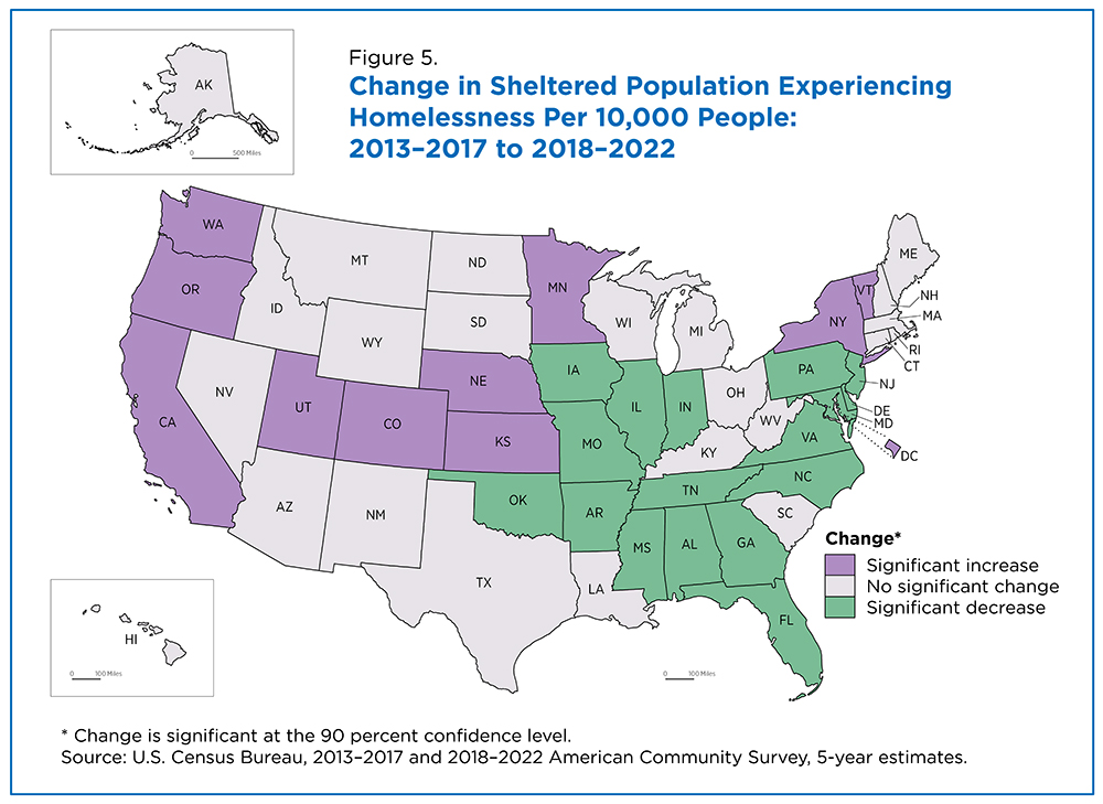 Change in Sheltered Population Experiencing Homelessness Per 10,000 People: 2013-2017 to 2018-2022
