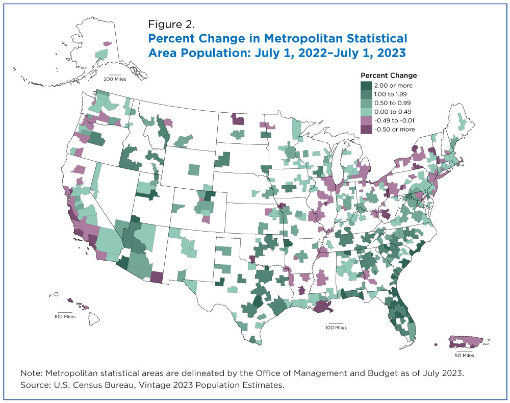 Figure 2. Percent Change in Metropolitan Statistical Area Population: July 1, 2022 - July 1, 2023