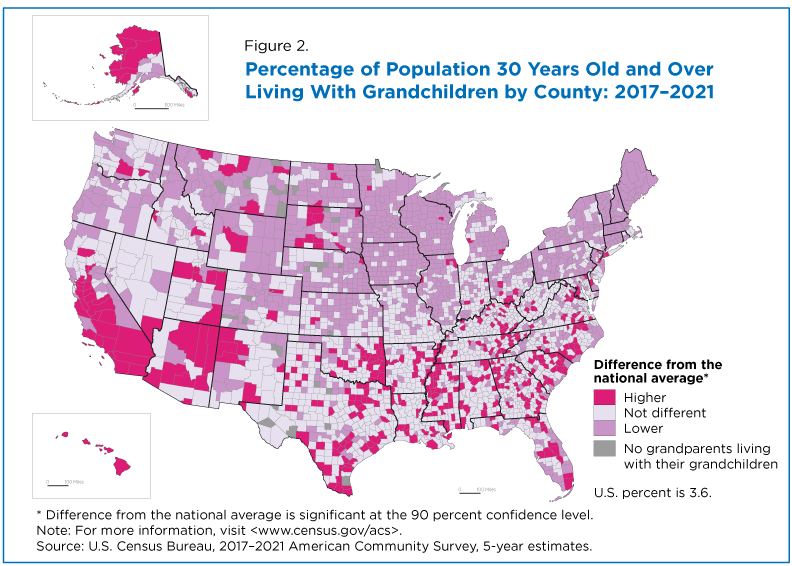 Figure 2. Percentage of Population 30 Years Old and Over Living With Grandchildren by County: 2017-2021