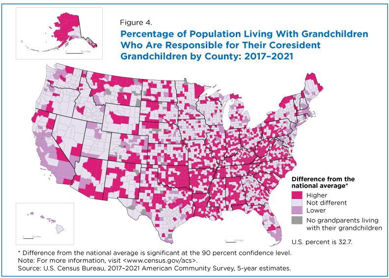 Figure 4. Percentage of Population Living With Grandchildren Who Are Responsible for Their Coresident Grandchildren by County: 2017-2021