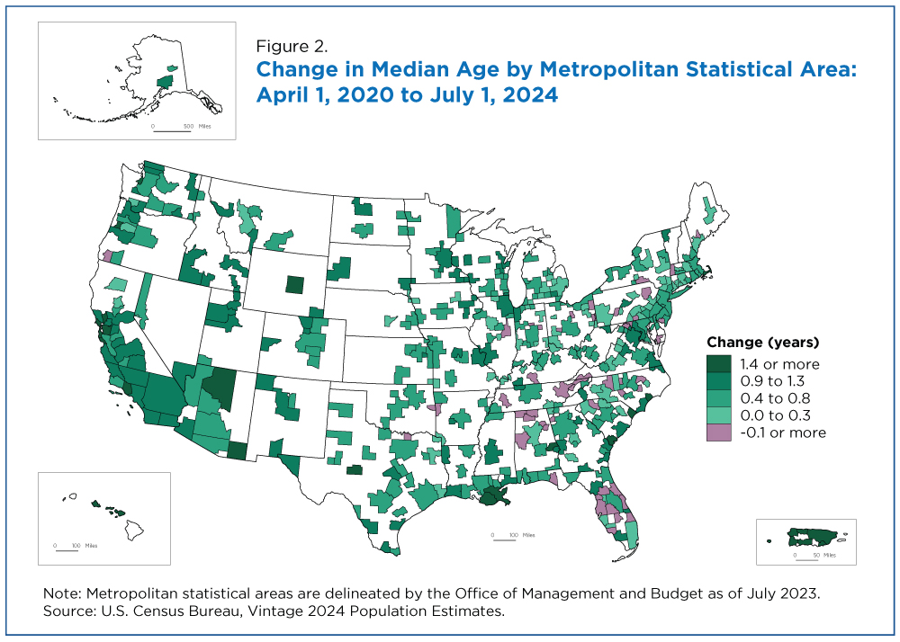 Figure 2. Change in Median Age by Metropolitan Statistical Area: April 1, 2020 to July 1, 2024