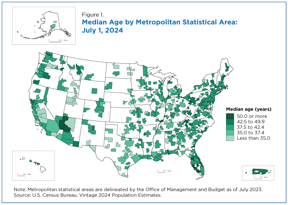 Figure 1. Median Age by Metropolitan Statistical Area: July 1, 2024