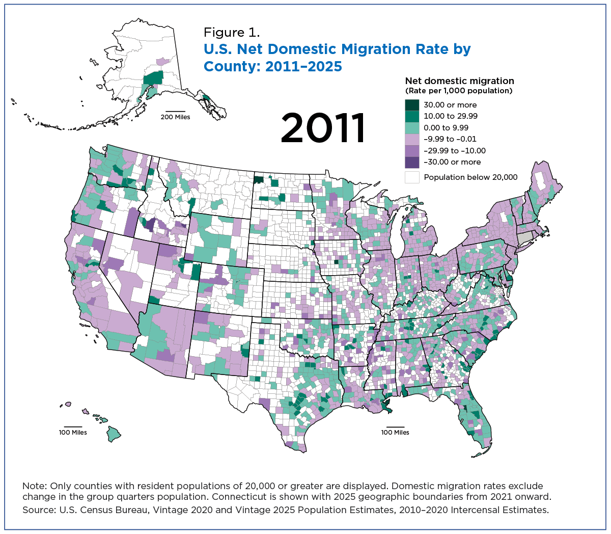 Figure 1. U.S. Net Domestic Migration Rate by County: 2011-2025