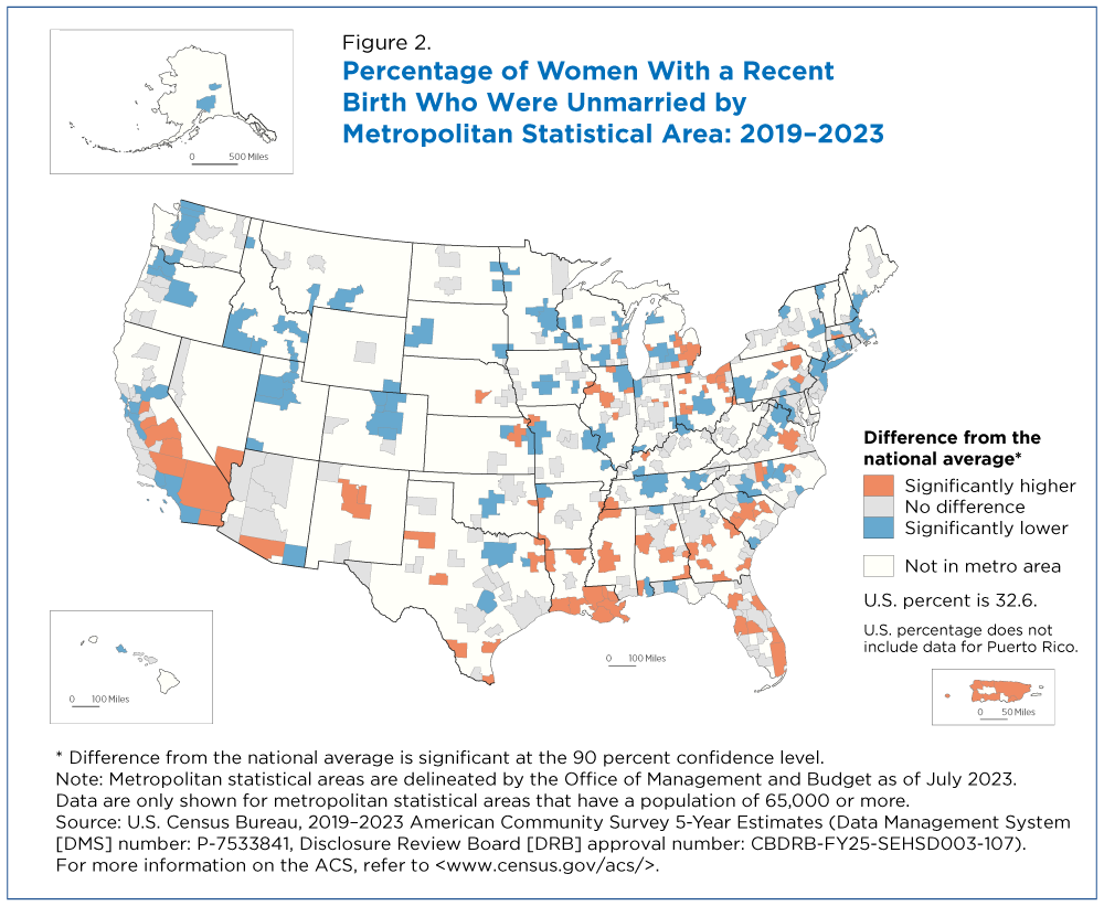Figure 2. Percentage of Women With a Recent Birth Who Were Unmarried by Metropolitan Statistical Area: 2019-2023
