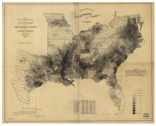 Map showing the distribution of the slave population of the southern states of the United States.
