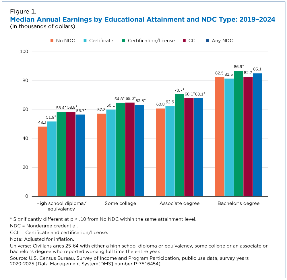 Figure 1. Median Annual Earnings by Educational Attainment and NDC Type: 2019-2024