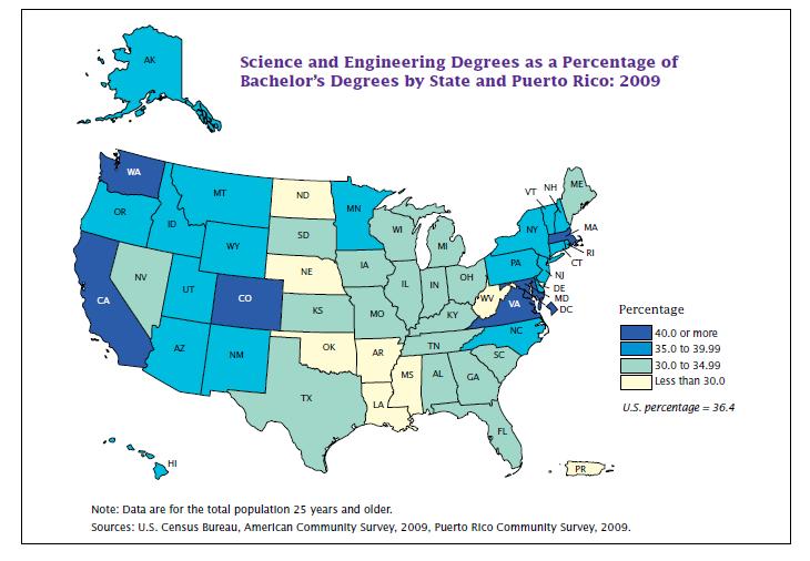 Science and Engineering Degrees as a Percentage of Bachelor’s Degrees by State and Puerto Rico: 2009