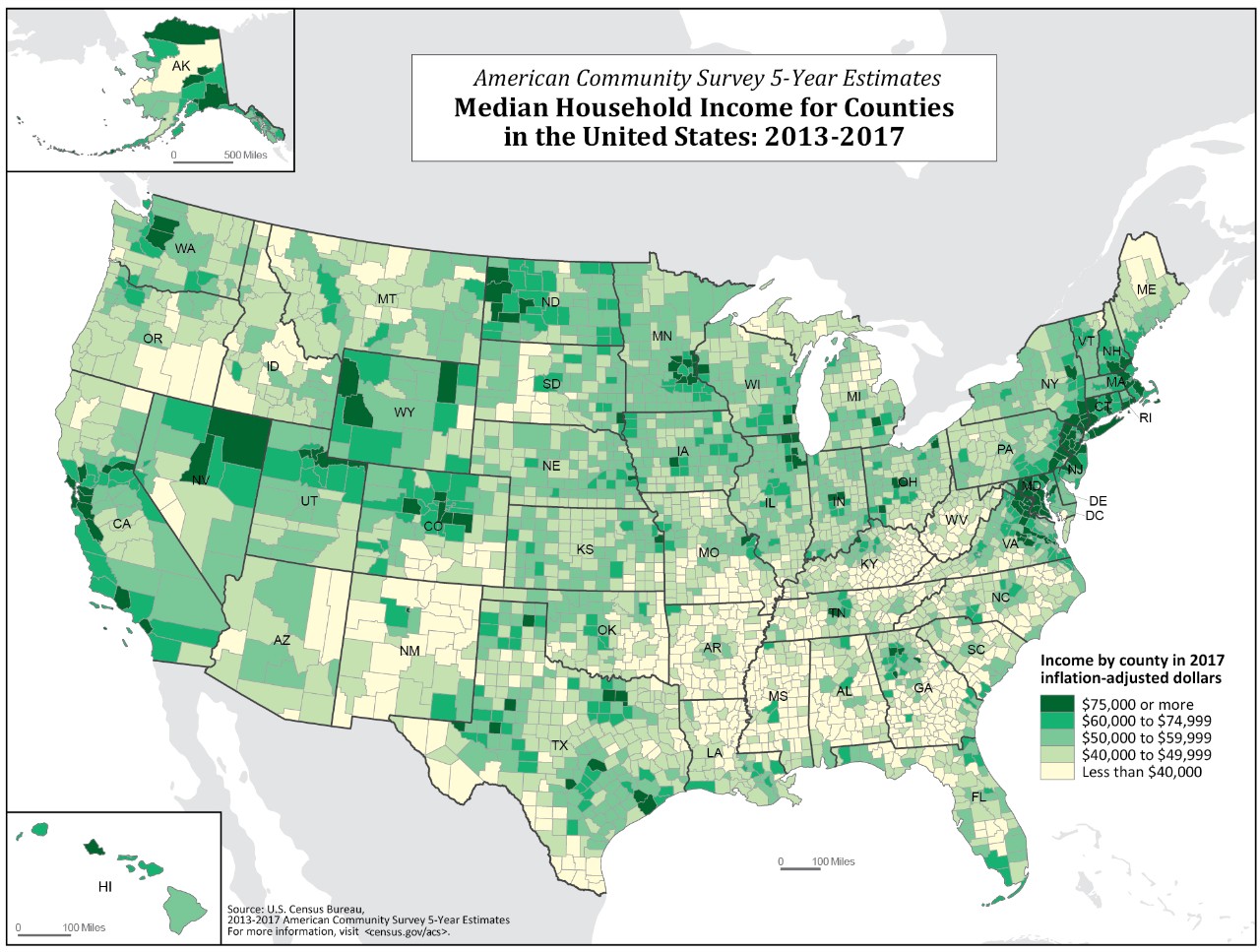 Median Household Income for Counties in the United States: 2013-2017