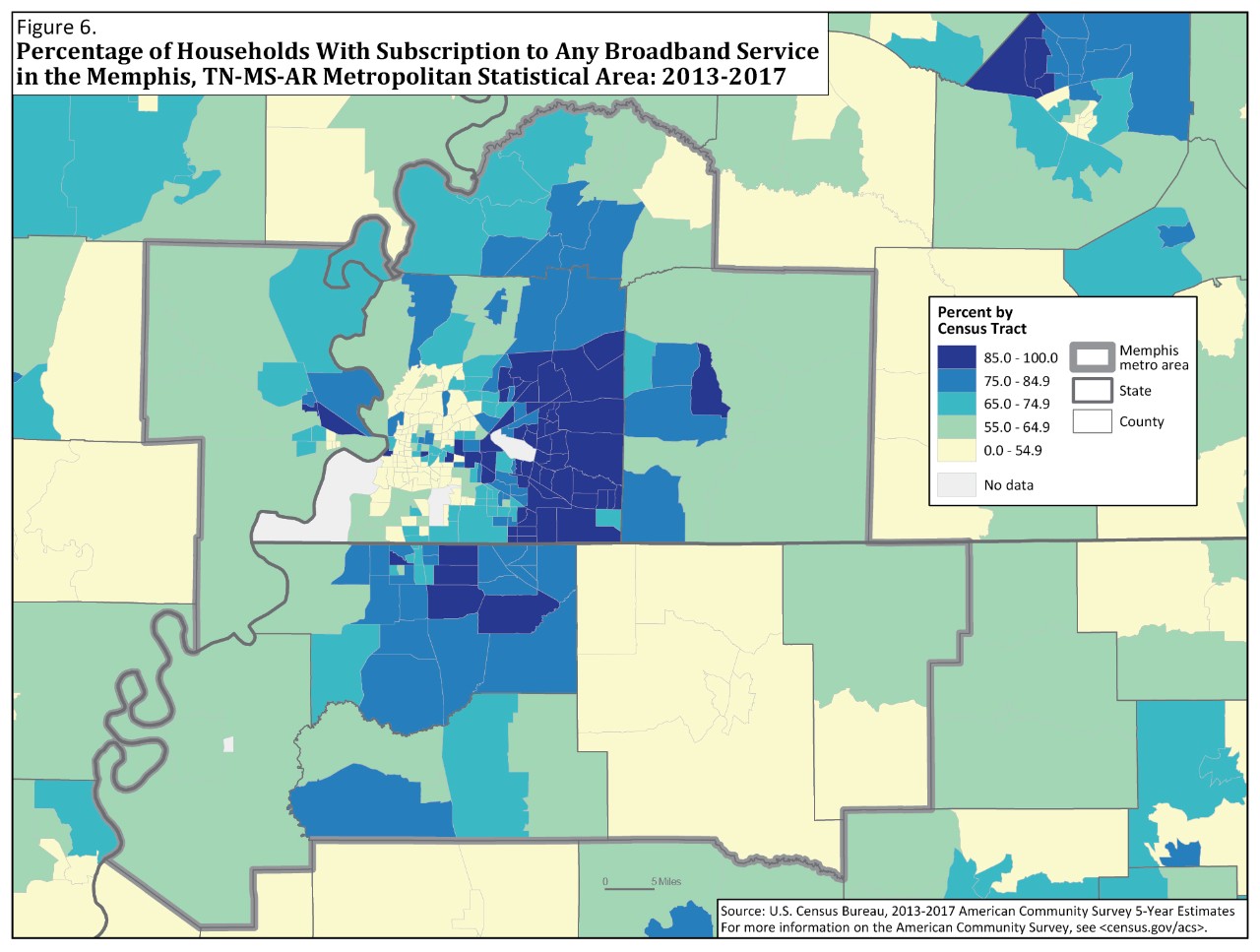 Figure 6. Percentage of Households With Subscription to Any Broadband Service in the Memphis, TN-MS-AR Metropolitan Statistical Area: 2013-2017