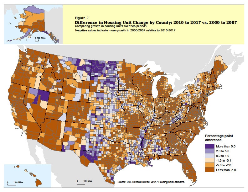 Figure 2. Difference in Housing Unit Change by County: 2010 to 2017 vs. 2000 to 2007