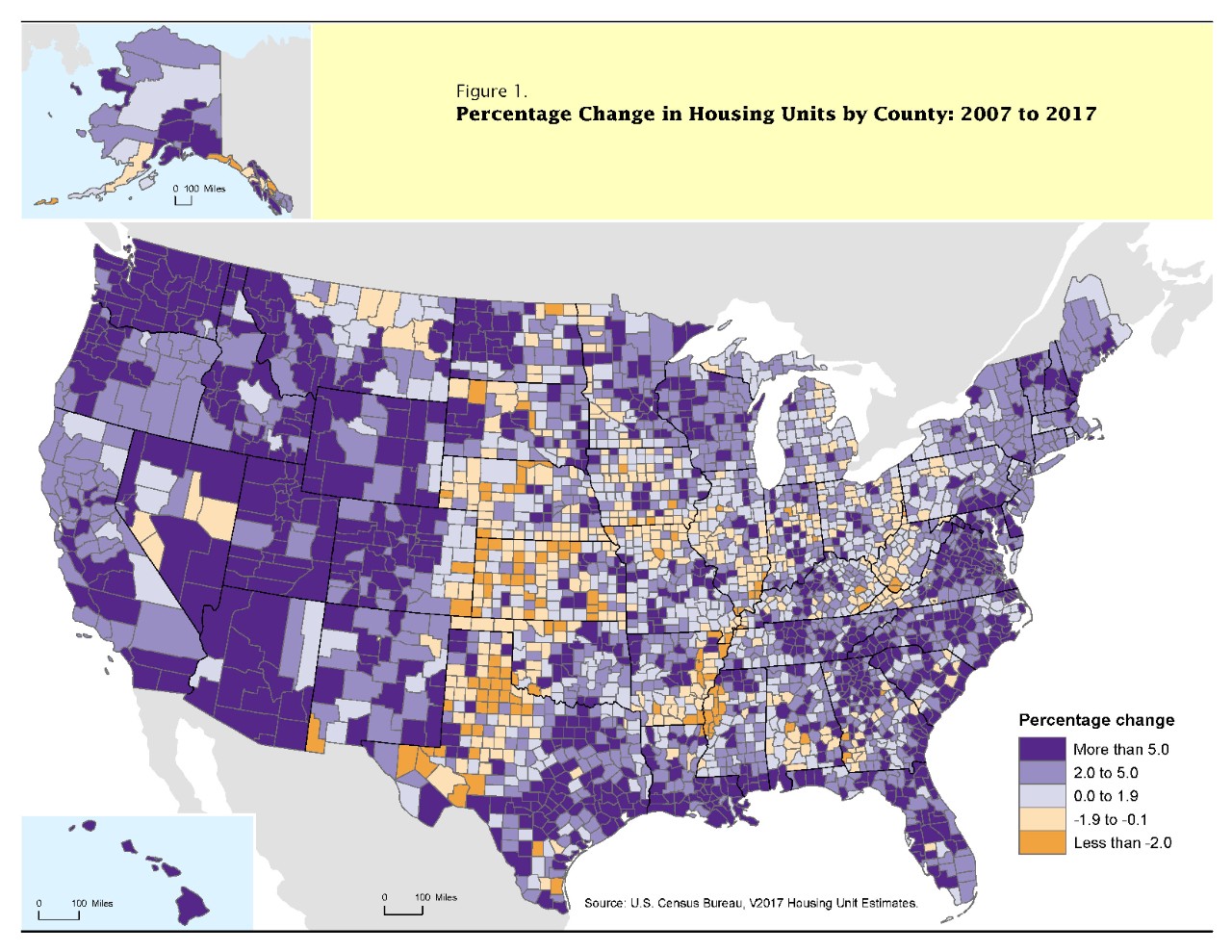 Percentage Change in Housing Units by County: 2007 to 2017