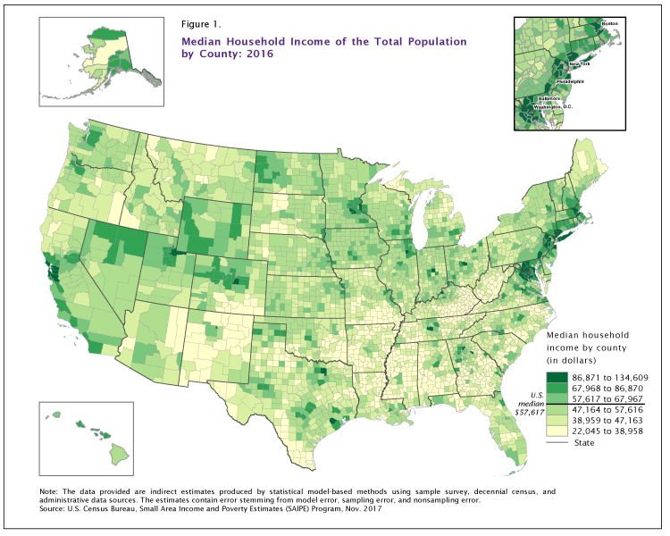 Median Household Income of the Total Population by County: 2016
