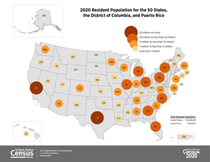 2020 Census Map: 2020 Resident Population for the 50 States, the District of Columbia, and Puerto Rico