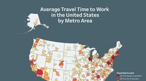 View the average time it takes to travel to work by metro area.