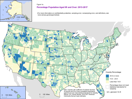 This series contains select maps on the Population 65 and Older in the United States by County: 2013-2017.