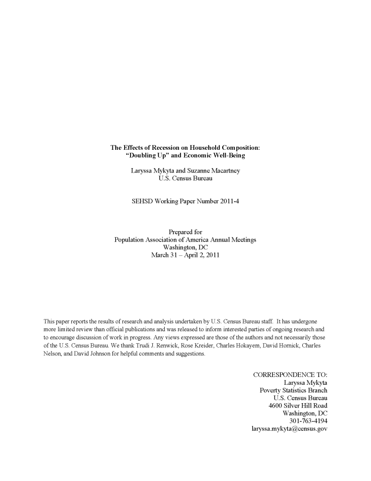 The Effects of Recession on Household Composition:  “Doubling Up” and Economic Well-Being