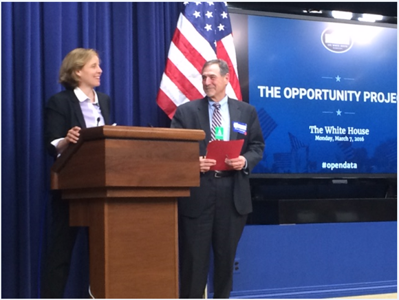U.S. Chief Technology Officer, Megan Smith, introduces Census Bureau Director John Thompson at the White House rollout of the Opportunity Project