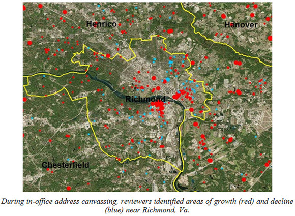 During in-office address canvassing, reviewers identified areas of growth (red) and decline (blue) near Richmond, VA