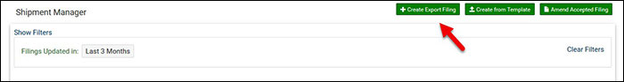 Screenshot: Create Export Filing