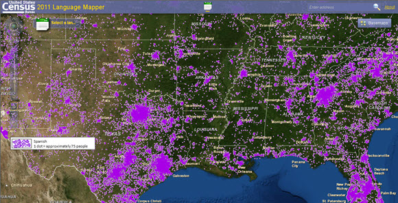 Screenshot of the 2011 Language Mapper showing the concentration of the population speaking spanish