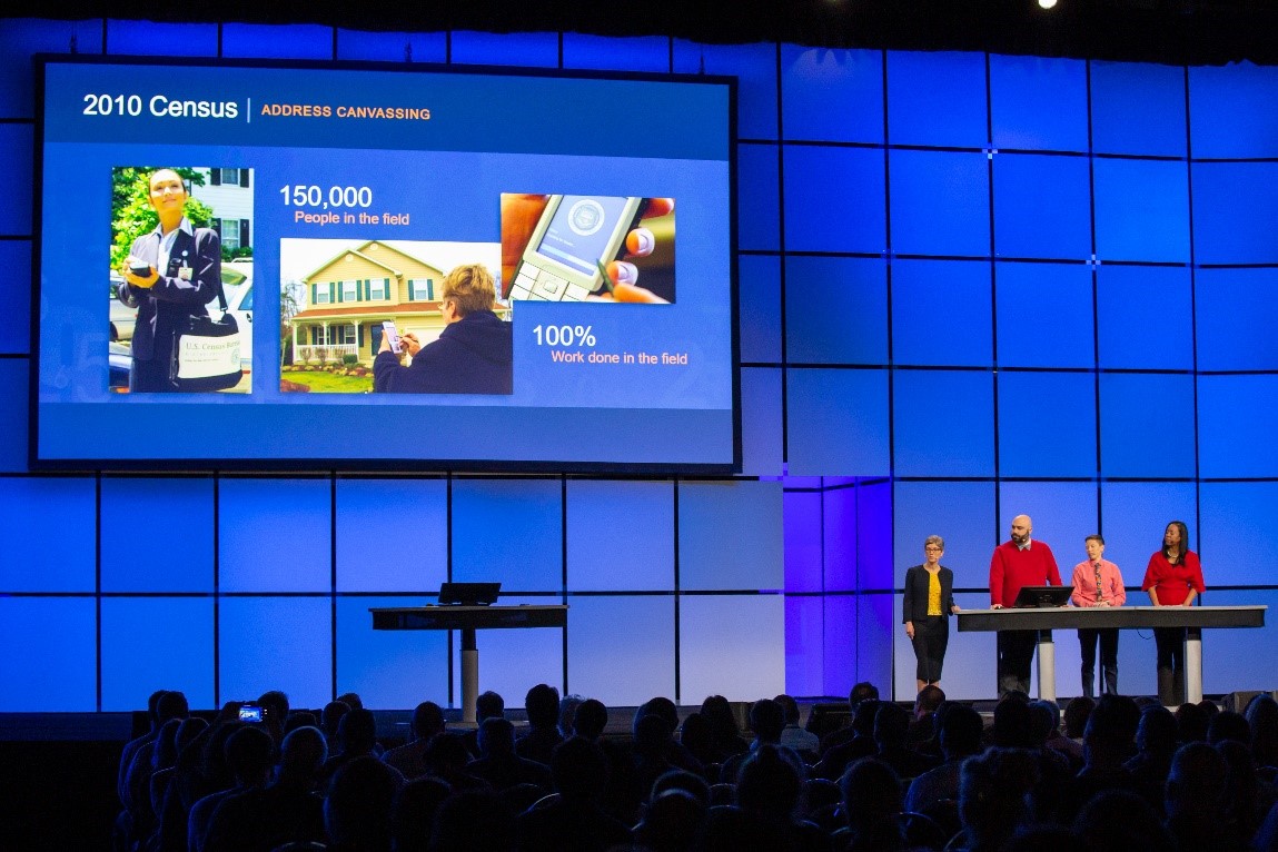 Deirdre Bishop, chief of the Geography Division and a team of geographers presenting at the Esri plenary.