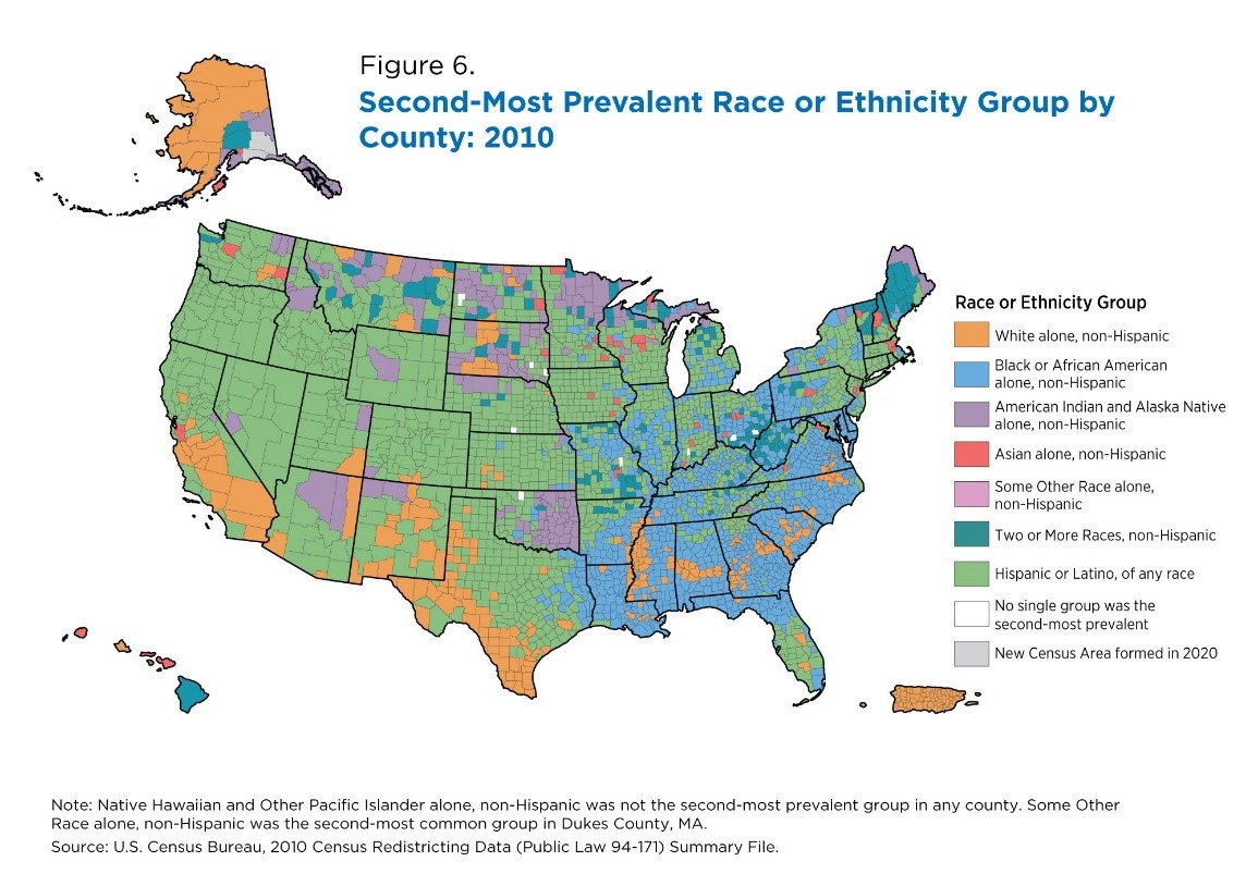 Figure 6. Second-Most Prevalent Race or Ethnicity Group by County: 2010