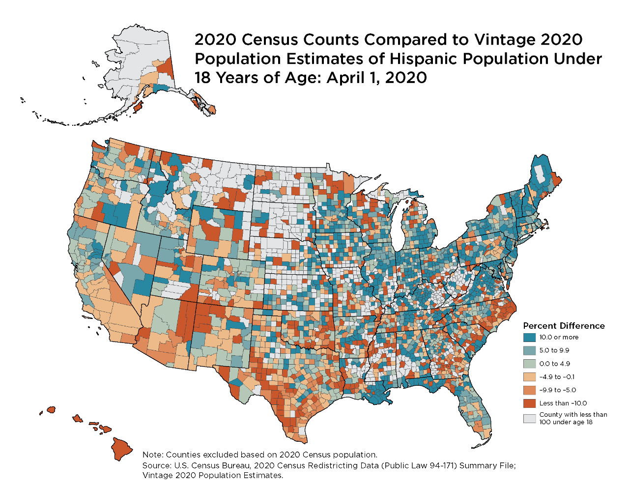 2020 Census Counts Compared to Vintage 2020  Population Estimates of Hispanic Population Under  18 Years of Age: April 1, 2020