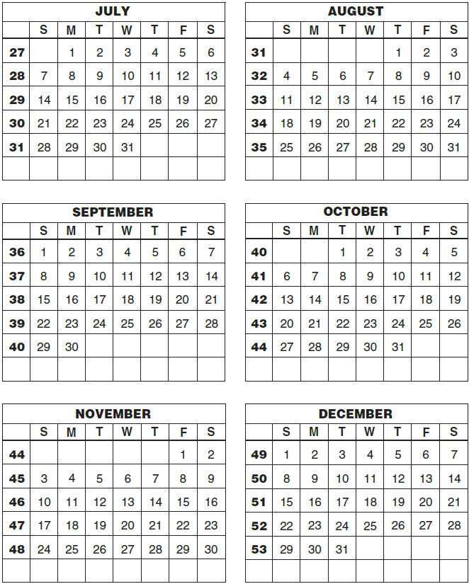 LABOR FORCE CALENDAR NUMBERED WEEKS FOR (2024)